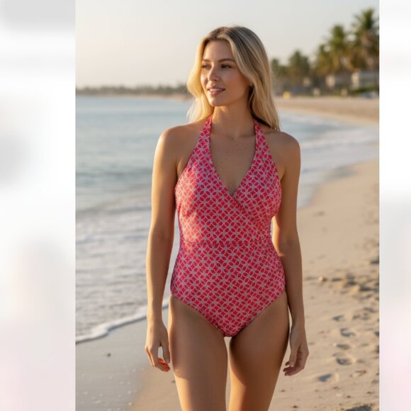 NWT MICHAEL KORS CHAIN PRINT HALTER NECK ONE PIECE SWIMSUIT IN 604 TRUE Red - Picture 1 of 8